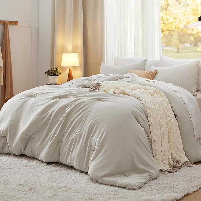 Bedsure Full Size Comforter Set, Beige Soft Prewashed Bedding for All Seasons, 3 Pieces GentleSoft™ Warm Down Alternative Bed Set, 1 Lightweight Comforter (82"x86") and 2 Pillowcases (20"x26")