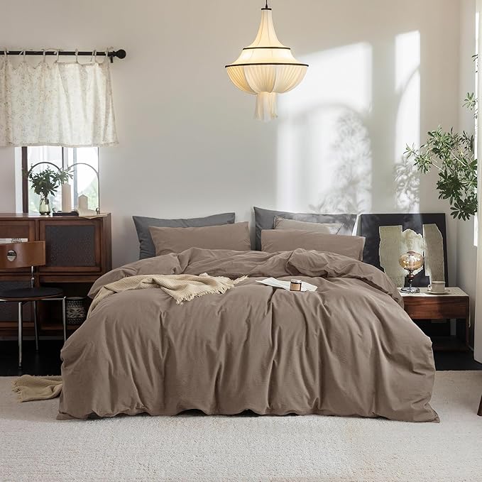FOSSA Duvet Cover Set 100% Washed Cotton Linen Feel Super Soft Breathable Cozy 3 Pieces Bedding Sets Solid Pale Brown Super King