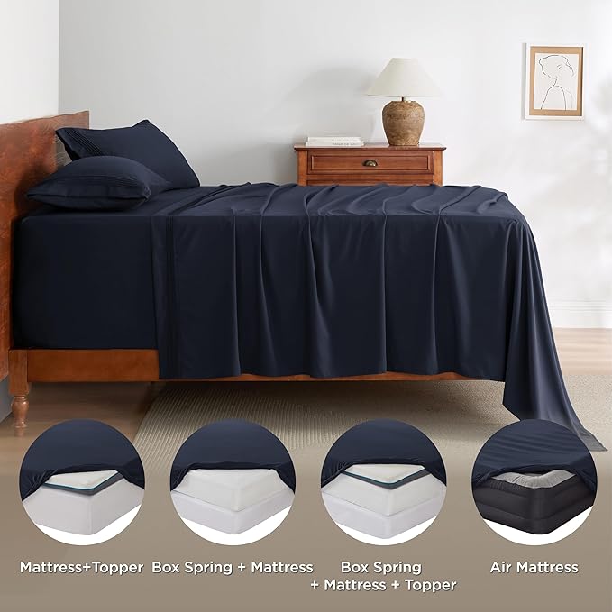 Bedsure Deep Pocket Twin Sheets Set - Fits Mattresses Up to 21 Inches Thick -3 Piece GentleSoft Bed Sheets, Moisture Wicking, Soft & Cooling Bedsheet & Pillowcases, Easy & Secure Fit, Navy