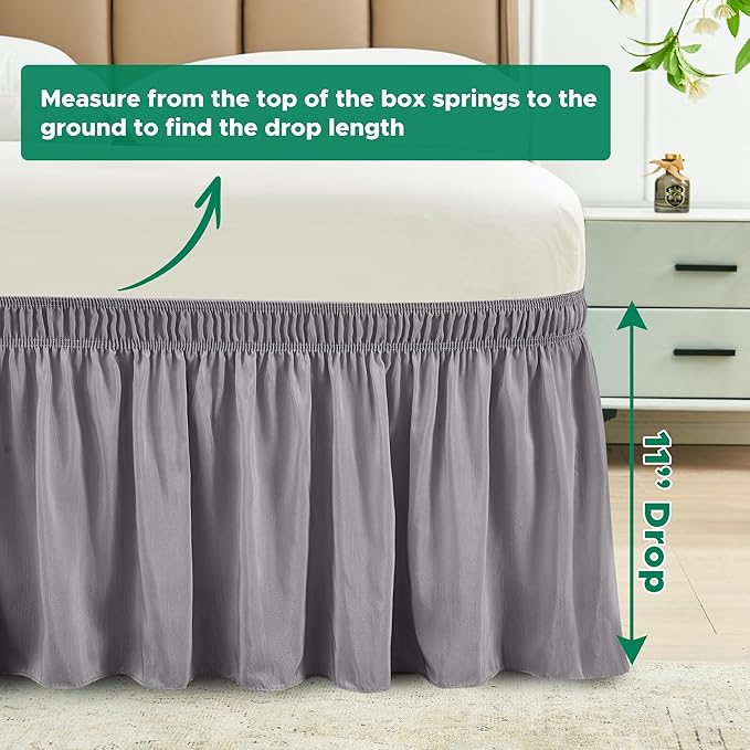 Biscaynebay Wrap Around Bed Skirts for Twin & Twin XL Beds 11" Short Drop, Silver Grey Adjustable Elastic Dust Ruffles Easy Fit Wrinkle Resistant Silky Luxurious Fabric Machine Washable