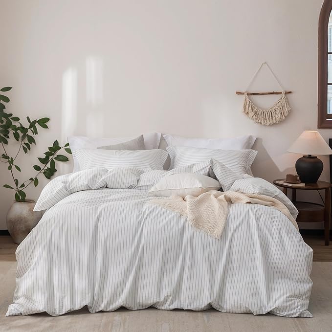 Stripe Linen Feel Duvet Cover Queen Size 90inch x 90inch,100% Washed Cotton Duvet Cover with Zipper Closure and 2 Pillowcases, Stripe of White-Cornflower Blue