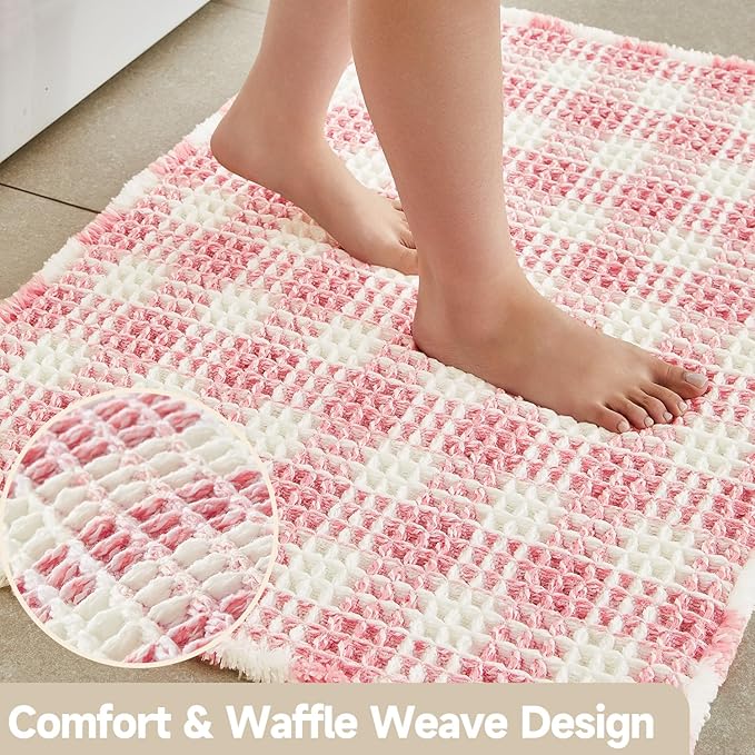 Waffle Runner Rug Bathroom, Long Boho Bathroom Rugs Non Slip Washable Absorbent Checkered Bathroom Mat Quick Dry Cute Bath Mat, 72"x24" Pink and White
