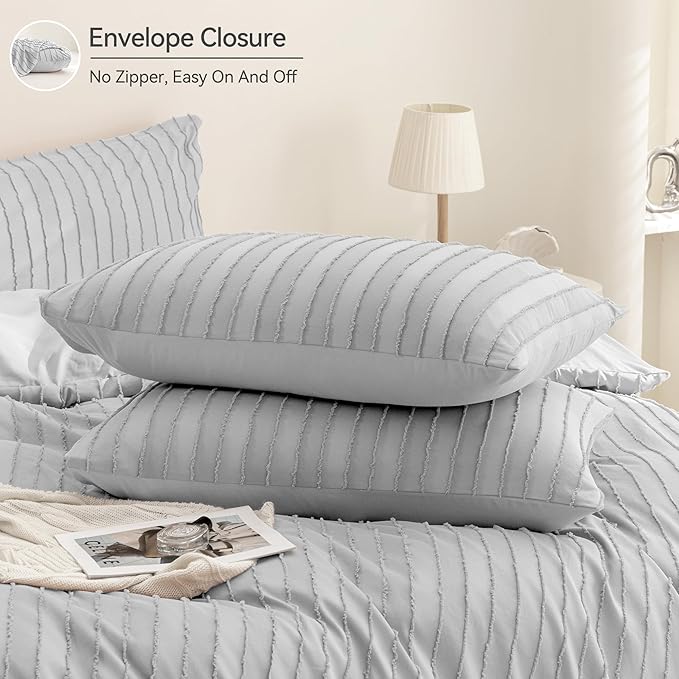 JELLYMONI Duvet Cover King Size Light Grey - 3PCS Boho Striped Duvet Cover Set Polyester Tufted Bohemian Textured Comforter Cover 104×90in with Corner Ties & Zipper and 2 Pillowcases