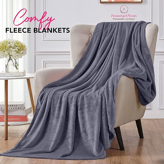 Personalized Blankets for Adults - Custom Blanket with Embroidered Name or Monogram - Soft Fleece Throw Cover for Bed & Couch - Grey (40"x60")