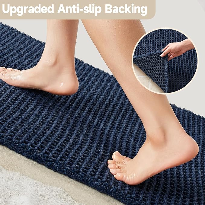 Waffle Bath Mat, Boho Bathroom Rugs Non Slip Washable Super Absorbent Quick Dry Bath Mat Farmhouse Bathroom Decor, 30"x20" Navy Blue