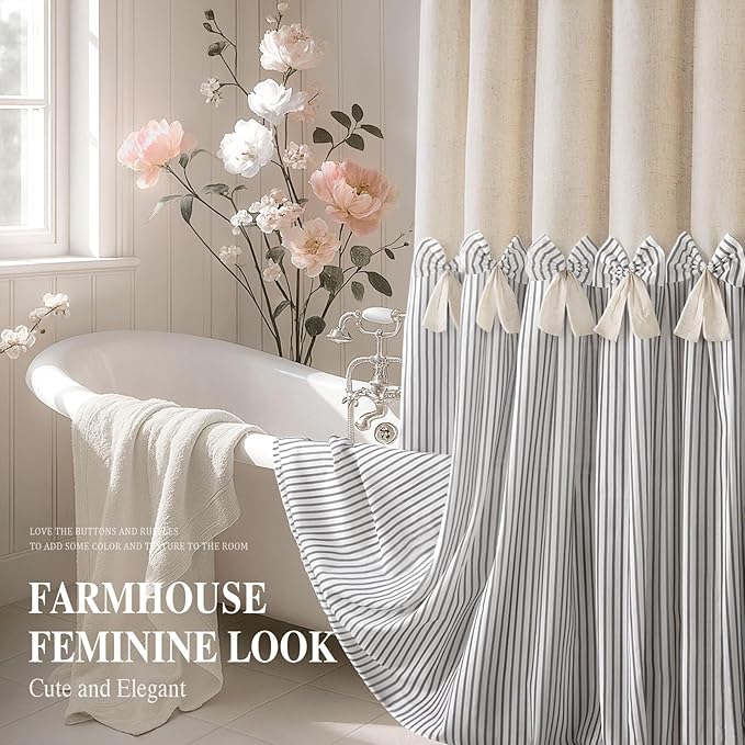 Farmhouse Shower Curtain Linen Bow Woven Fabric Country Rustic Western, Pleated Grey Stripe 72" W x 72" L