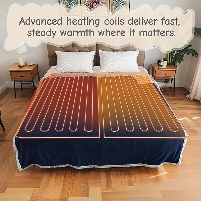 Electric Heated Blanket Queen Size 84"x90", Soft Flannel with Dual Controllers & Overheat Protection, 6 Adjustable Heat Settings & 10-Hour Auto-Off Timer, Fast Heating for Winter Comfort, Navy Blue