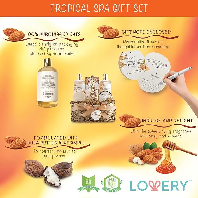 Christmas Gift Baskets for Women Gifts for Women Who Have Everything, Home Spa Honey & Almond Scent, Luxury Bath & Body Set - Shower Gel, Bubble Bath, Body Lotion, Salts, Bath Bomb, Bath Puff.