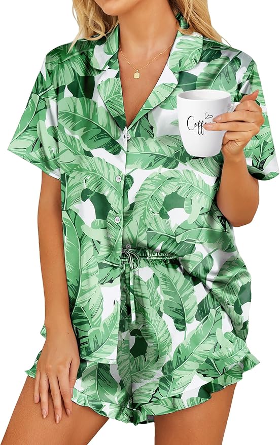 HOTOUCH Womens Satin Pajamas Set Button Down 2 Piece Silk Pjs Shorts Set Ruffle Lingerie Notch Collar Sleepwear