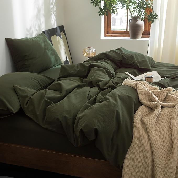 FOSSA Duvet Cover Set 100% Washed Cotton Linen Feel Super Soft Breathable Cozy 3 Pieces Bedding Sets Solid Olive Green Queen