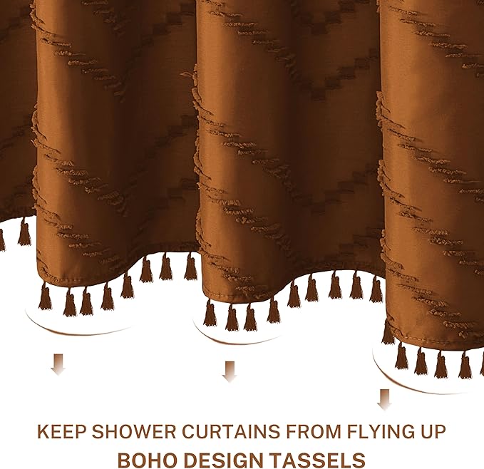 Boho Shower Curtain with Tassel Woven Fabric Pumpkin Orange Shower Curtain 72 x 72 Modern Farmhouse Textured Tufted Chevron Striped Minimalist Bathroom Shower Curtain
