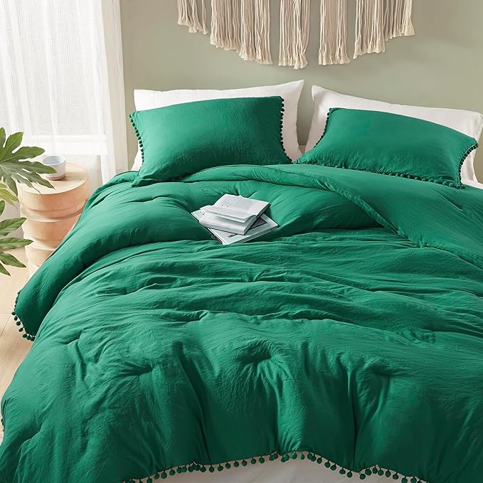 Codi Emerald Green Full/Queen Comforter Set - Boho Aesthetic Bedding with Luxurious Pom Fringe, Soft Washed Microfiber 3pc Set, Couple-Friendly Lightweight Design, 1 Comforter & 2 Pillow Shams