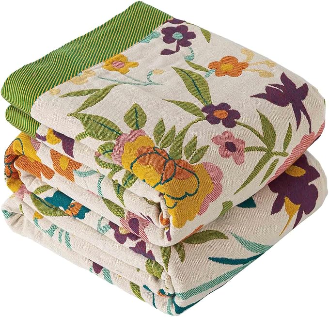 Qidordour Boho Throw Blanket, 80"x90" Muslin Blankets, 100% Organic Cotton Blanket for Couch Sofa, Lightweight Quilt, All Season Bed Throw, Farmhouse Home Decor, C-Phoenix Floral