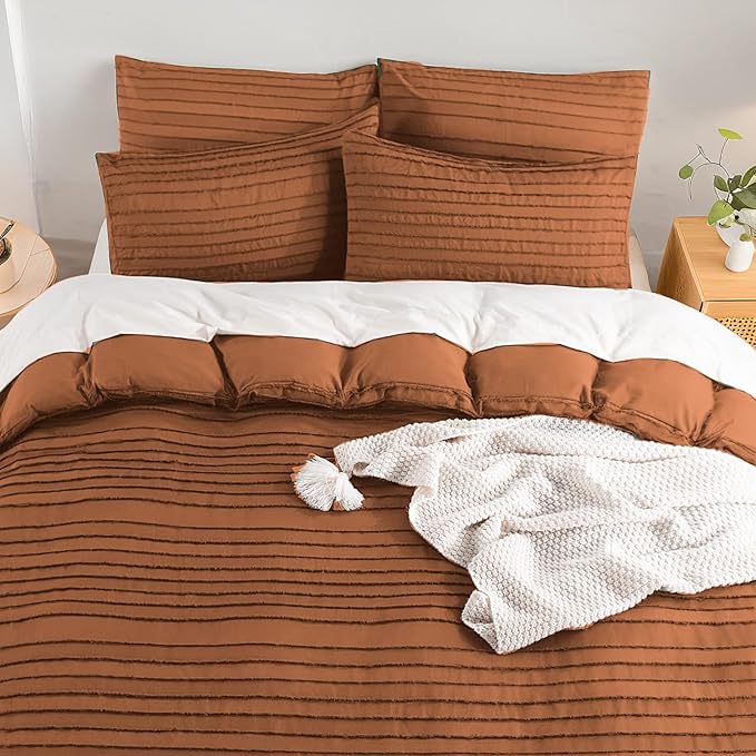 NEXHOME PRO Duvet Cover Full Size, Brunt Orange 3 Pieces Boho Tufted Duvet Cover Set, Soft and Lightweight Microfiber Comforter Cover Set for All Season (Brunt Orange Full, 80 x 90)-No Comforter