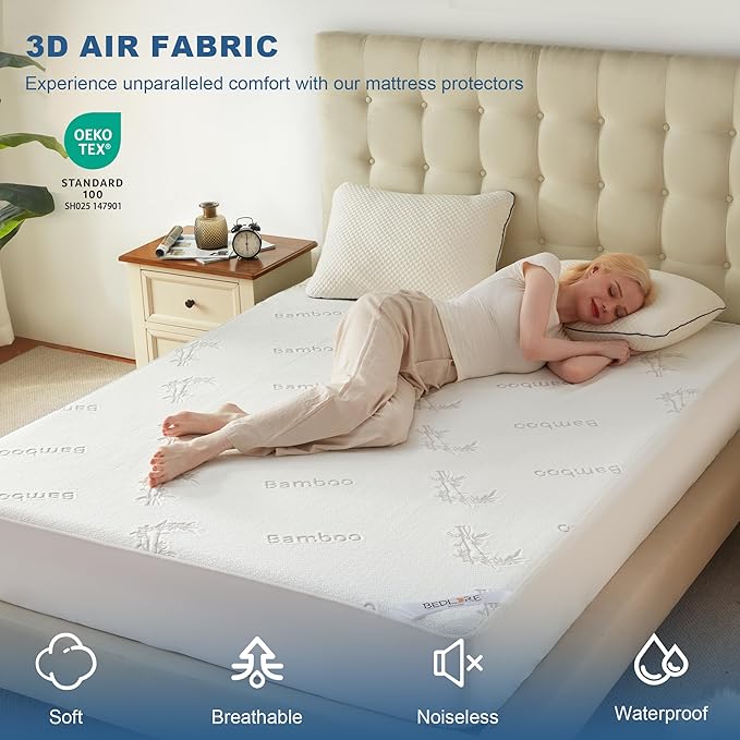 BEDLORE Queen Size Waterproof Mattress Protector Viscose Derived from Bamboo, Soft Mattress Cover Fitted with Deep Pocket 6"-18", Breathable & Cooling Noiseless Mattress Pad, Machine Washable(White)