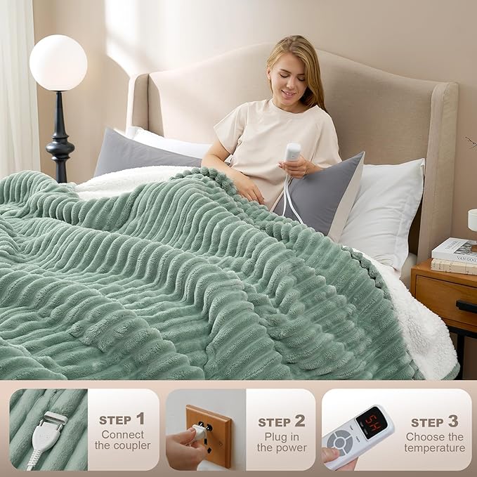 Hansleep Heated Blanket Electric Blanket Twin, Heating Blanket with 9 Heating Levels and 10-Hour Timer Auto Shut Off, Washable Soft Warm Winter Blanket, 62 x 84 Inches, Green