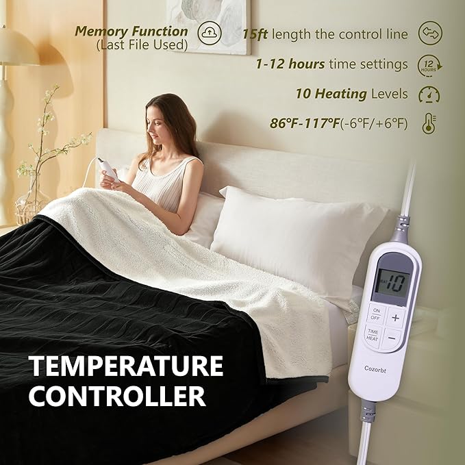 Heat Blanket 72”x84” Full Size,Soft Flannel & Sherpa Reversible Electric Blanket with 10 Heat Settings,12 Timer Setting and 8 Hours Auto-Shut Off,ETL Certified Machine Washable,Black