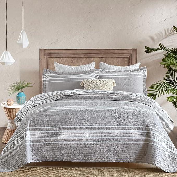 Y-PLWOMEN Quilt King Size - 100% Cotton King Quilt, Grey Striped Quilt for King Bed, Lightweight Reversible King Size Bedspread for All Season, 3-Piece