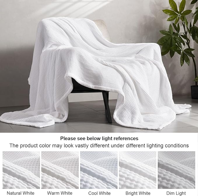 PHF 100% Cotton Waffle & Muslin Blanket Queen Size, Soft Breathable Luxury 400GSM Versatile Reversible Bedding for Bed, Great for Layering in Cold Weather, Home Decor Gift, 90" x 90", White