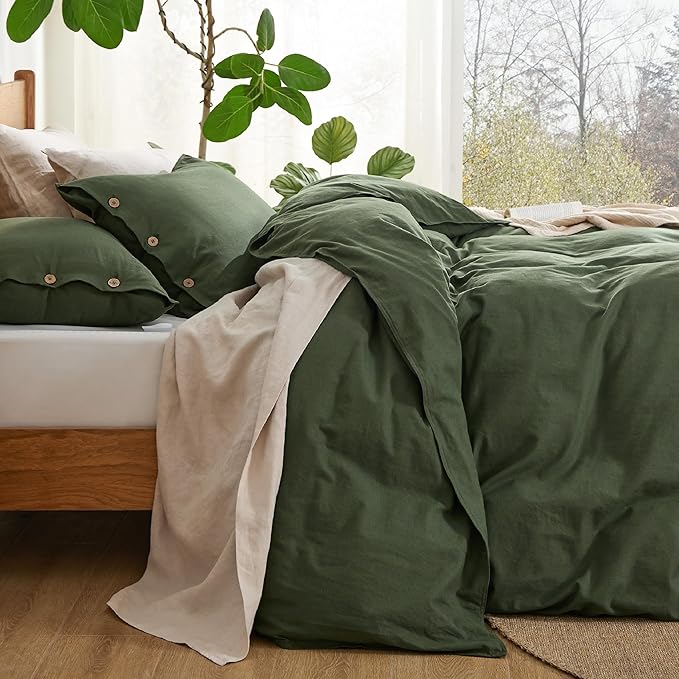 Bedsure Linen Duvet Cover Queen - Linen Cotton Blend Bedding Set, Soft & Cozy, 3 Pieces, 1 Duvet Cover 90x90 Inches and 2 Pillowcases, Olive Green Color Cooling Bedding, Comforter Sold Separately