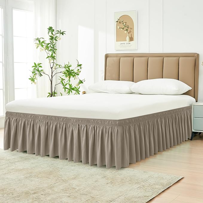 Biscaynebay Wrap Around Bed Skirts for Queen Beds Short Drop of 12", Taupe Adjustable Elastic Dust Ruffles Easy Fit Wrinkle Resistant Silky Luxurious Fabric Machine Washable