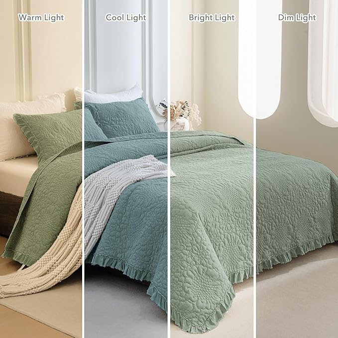 QSH Olive Green Stonewashed Cotton Oversized King Quilt Bedspread Set(128"x120"),3PCs Farmhouse Ruffled Bedspread California King,Ultra Soft Lightweight Crinkled Quilt Coverlet Set with Pillow Shams