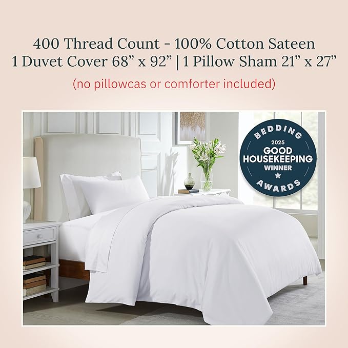 California Design Den 3 Pc Twin XL/Twin Duvet Cover Set - Winner Good Housekeeping Best Bedding Awards 2025, 400 Thread Count Sateen, 100% Cotton Duvet Covers, Button Closure, Corner Ties - White