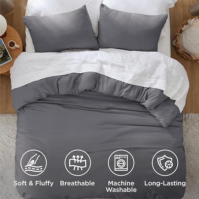Bedsure Full Size Comforter Set, Dark Grey Soft Prewashed Bedding for All Seasons, 3 Pieces GentleSoft™ Warm Down Alternative Bed Set, 1 Lightweight Comforter (82"x86") and 2 Pillowcases (20"x26")