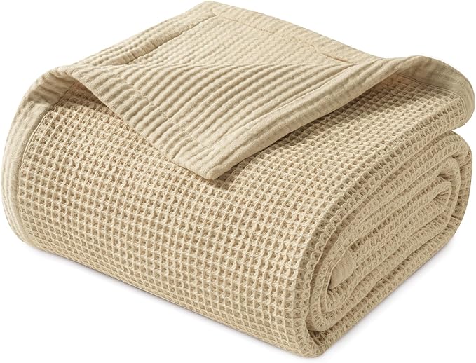 PHF 100% Cotton Waffle & Muslin Blanket King Size, Soft Breathable Luxury 400GSM Versatile Reversible Bedding for Bed, Great for Layering in Cold Weather, Home Decor Gift, 104" x 90", French Oak