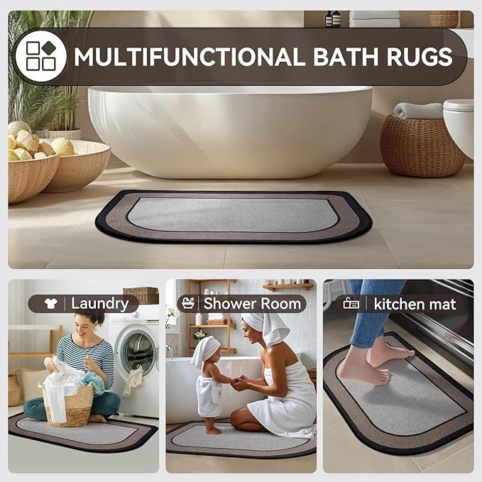 Half Circle Bath Mat,Thin Bathroom Rugs Fit Under Door Quick Dry Non Slip Washable Bathroom Mat with Rubber Backing,Absorbent Woven Half Round Shower Mat Rug,Gray Gray Brown