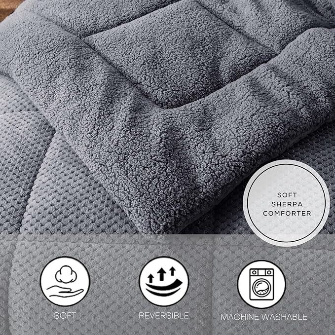 KASENTEX Super Ultra Soft Luxury Plush Sherpa Comforter, Cozy Reversible Fleece - Goose Down Alternative Fill, Machine Washable Bedding, Excalibur Grey, King Size