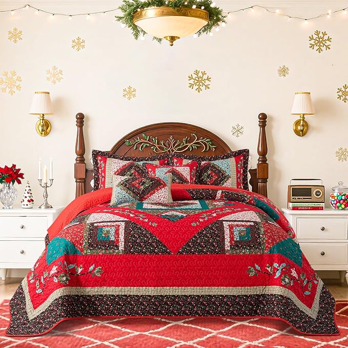 BEDIFANY Christmas California King Size Quilt Set - Cotton Bedspreads Oversized King for Bed - Lightweight Farmhouse King Quilt Bedding Sets for All Seasons, 3 Pieces