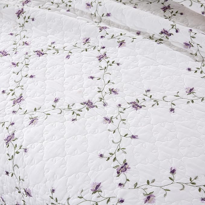 Quilt Set Purple Floral 3D Embroidery Pattern 3 PCS 100% Cotton Reversible Quilted Embroidered Decorative Bedspreads Coverlet Set, Lightweight &Soft Queen Size White Bedding Coverlet for All Season