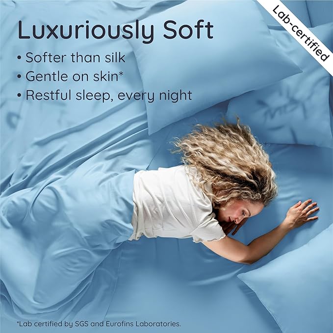 Bambaw 100% Viscose Derived from Bamboo Fitted Sheet Only, Cooling Fitted Sheet with Elastic Corner Straps, 15’’ Deep Pocket Full Size Fitted Sheets Only, Soft Full Bottom Sheets Only (Dream Blue)