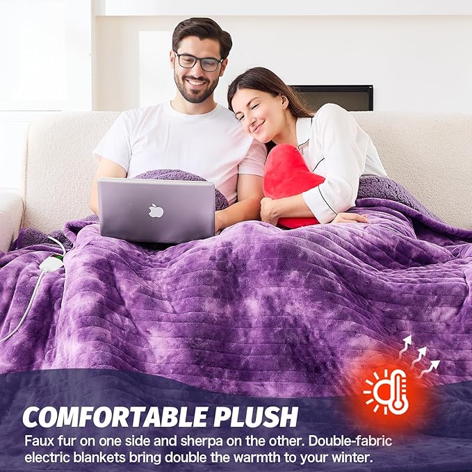 greenoak Heated Electric Blanket Throw, Faux Fur Sherpa Heating Blanket for Sofa Bed, Warm Winter Gifts for Women/Her, Heater Lap Blankets 5-Position Timer &10 Heating Levels 62''*84" Purple