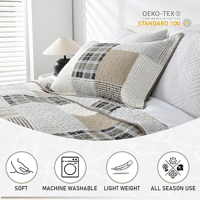 KALOOLA Plaid Queen Quilt Set, 100% Cotton Beige Queen Quilt Bedding Set, Farmhouse Reversible Quilted Bedspread Coverlet with 2 Pillow Shams, Lightweight Thin Comforter for All Season, 3 Pieces