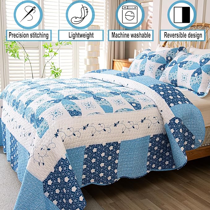 Cmfshape Blue Quilt Sets Bedspread Set 100% Cotton Patchwork Coin Pattern Bedding Set,All Season Use Lightweight Reversible Coverlet Quilts with 2 Pillow Shams(King 106"x96")