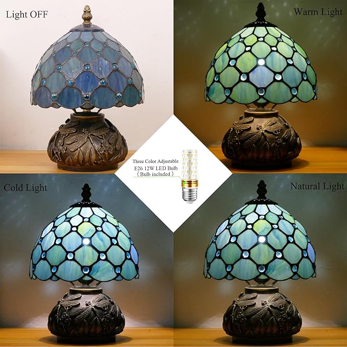 Small Tiffany Lamp Mini Stained Glass Table Lamp Sea Blue Pearl Style Mushroom Memory Sympathy Lamp 8X11 Inch