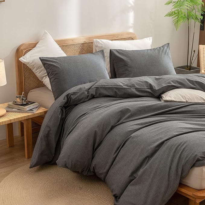 BESTOUCH Duvet Cover Set 100% Washed Cotton Linen Feel Super Soft Comfortable Chic Lightweight 3 PCs Home Bedding Set Solid Dark Grey Super King Plus