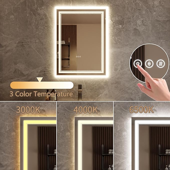 Bathroom Mirror with Lights 24"X32" with Front Light and Backlit, Tempered Glass, Wall Mount Horizontal/Vertical, Stepless Dimmable, 3 Colors, Anti Fog, Bathroom Memory LED Mirror