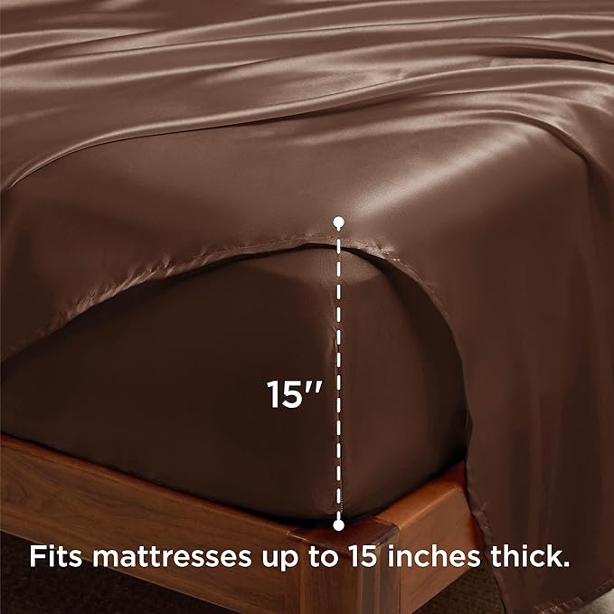 Bedsure Satin Sheets King Size - 4 Piece Silky Bedsheets with 15 Inches Deep Pocket Fitted Bedsheet,1 Flat Sheet, 2 Satin Pillowcases, Good for Hair & Skin (King, Coffee)