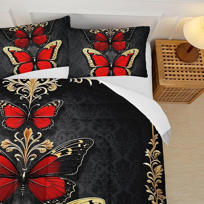 Red and Gold Butterfly Comforter Sets King Size Bed Set，Gothic King Size Bedding Set，with 1 Comforter with 2 Pillow Case，Butterfly Themed Bedroom Decor
