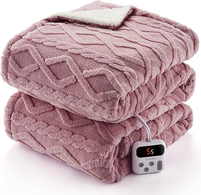 CAROMIO Electric Blanket Twin Size - Thick Tufted Sherpa Heated Blanket Twin with 6 Heating Levels and 8 Time Settings, UL Certified Machine Washable Fast Heating Blanket Twin 62"×84", Dusty Pink