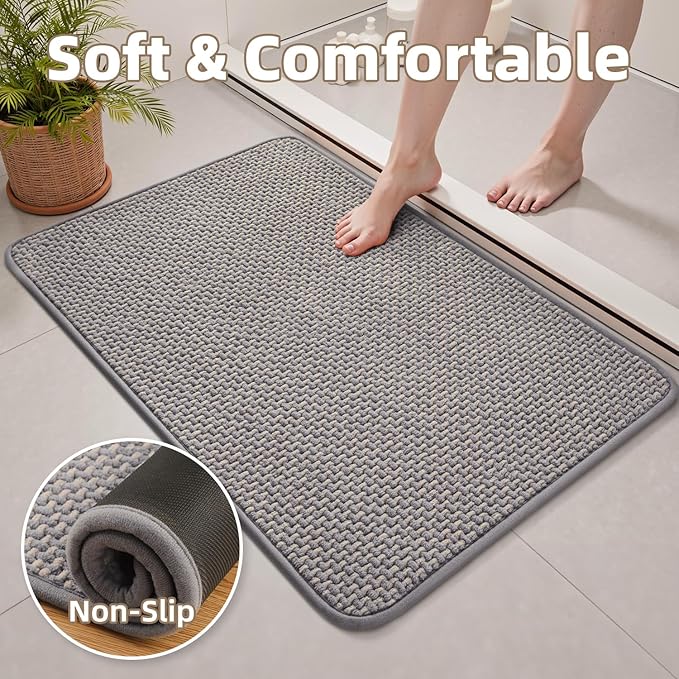 PADOOR-Bath Mat-Super Absorbent Chenille Bathroom Mats-Rubber Backed Bath Mats for Bathroom Non Slip, Easy Clean Bathroom Rugs Front of Bathtub,Shower Room,Sink-24×36, Grey&Beige