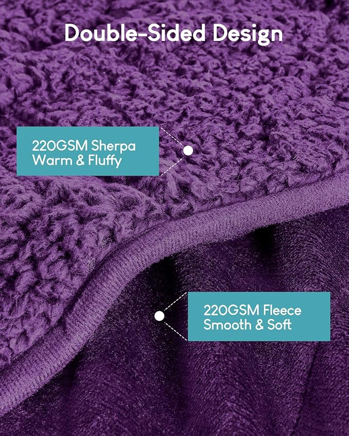 Cottonblue Weighted Blanket 15 lbs Queen Size, Flannel Shaggy Sherpa Weighted Blanket for Adults Comfortable Weighted Blankets for Calming and Relax, Bed Sofa Heavy Blankets, 60x80 inches, Purple