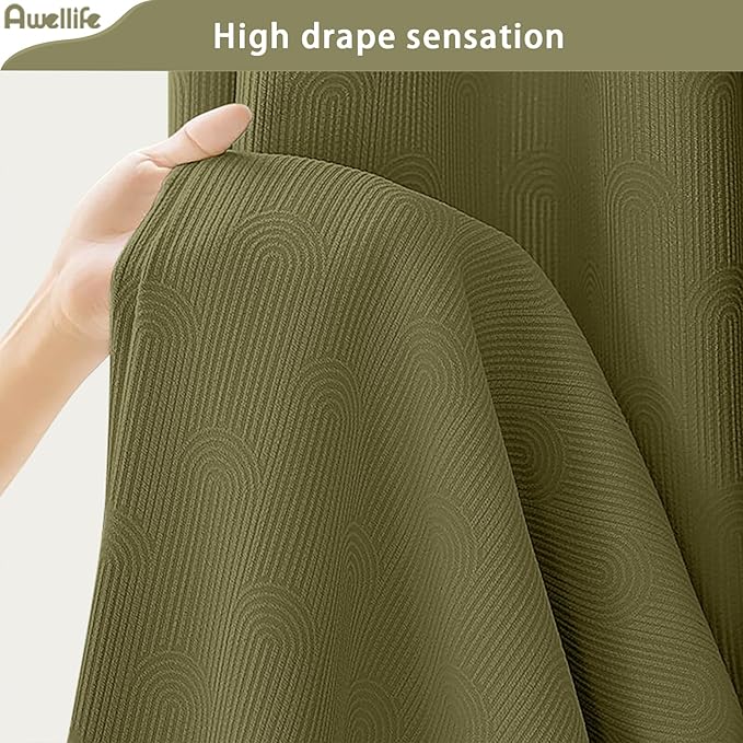 Awellife Boho Shower Curtains for Bathroom Cotton Fabric Touch Matcha Green Bohemian Mid Century Minimalist Arch 72" L X 72" W