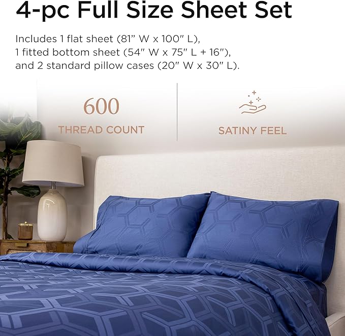 Threadmill 100% Cotton Sheets for Full Size Bed - 600 Thread Count Full Bed Sheets Set with 16” Deep Pocket - Jacquard Sateen Weave 4-Piece Bedding Set with Cooling Effect, Folkstone Blue
