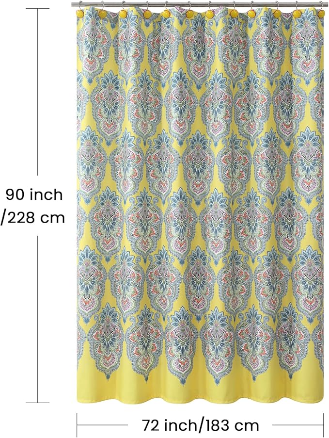 Extra Long Shower Curtain 90 Inches, Water Repellent Fabric with Vibrant Brazilian Medallion Print, 12 Metal Grommets & Weighted Hem, 72x90 Inches
