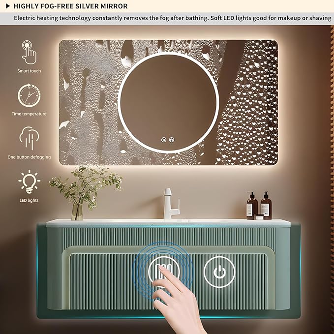 28” Bathroom Vanity Set, Floating Bathroom Vanities with Single Sink, Smart Defog Mirror Cabinet and LED Strip Light, Oak Wood Elegant Bathroom Cabinet with Storage Space (Milk Coffee)