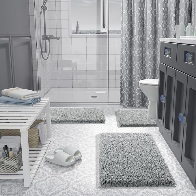 Yimobra Bathroom Rugs Non Slip Washable 36x24, Ultra Soft and Water Absorbent Bath Mats, Plush Shower Mat Outside, Luxury Microfiber Carpet Thick Matts for Bathroom Floor/Tub, Pure Gray